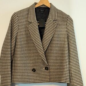NWT RW&Co Double-Breasted Blazer Jacket Blue & Tan Houndstooth MSRP $129 Size 12